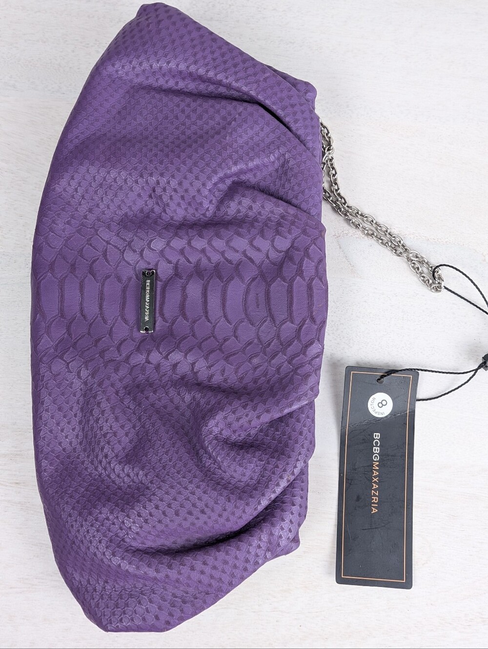 NWT BCBGMAXAZRIA Matte Python Leather Clutch Purple Shoulder Chain 12" x 6"